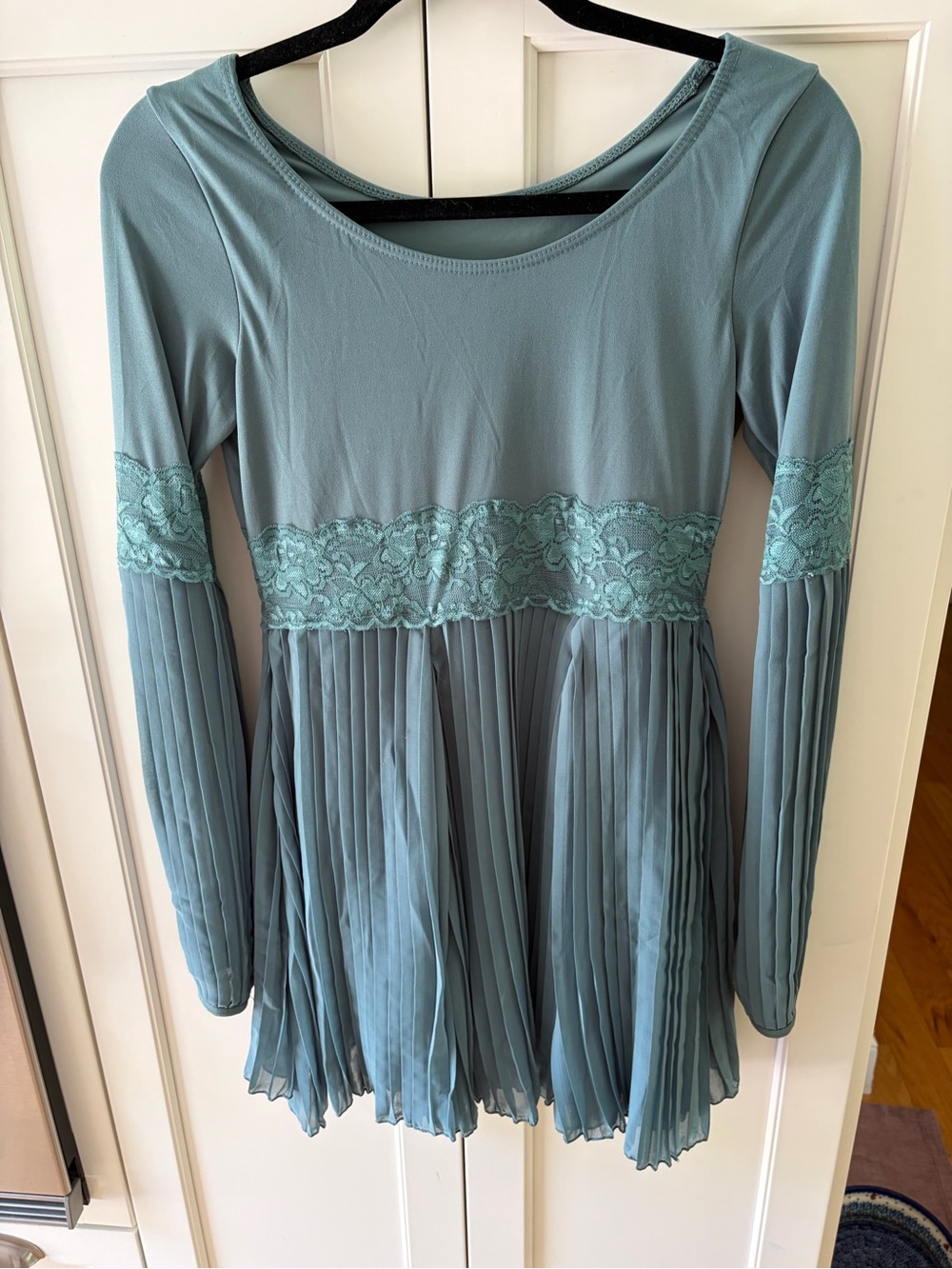 WEISSMANS dance dress. Pleated Lace Waist Long Sleeve Tunic in Dusty Teal